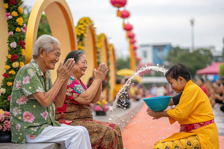 Elderly people and child participate in a water splashing festivalの素材