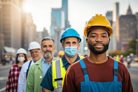 Diverse construction workers standing in a city street, wearing safety gear and masksの素材