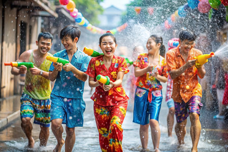 A group of happy young people enjoying a vibrant water fightの素材