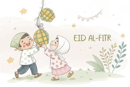 Children celebrating Eid Al-Fitr with lanternsの素材