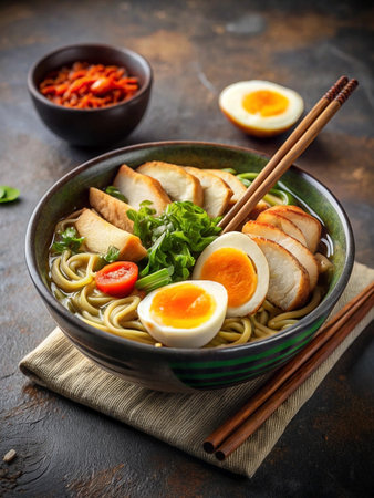 Delicious bowl of green noodle soup with chicken and eggの素材