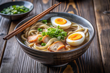 Delicious bowl of ramen with noodles, broth, egg, and porkの素材