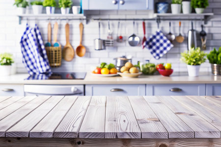 Wooden kitchen counter, bright cooking scene, food prep, advertisementの素材