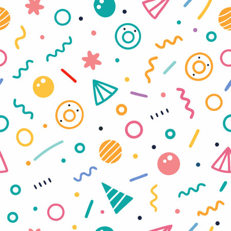 Seamless pattern with colorful geometric shapes and doodles on white background.の素材