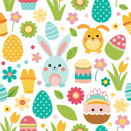 Seamless Easter pattern with bunnies, eggs, flowers, and cupcakes.の素材