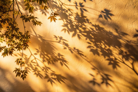 Autumn leaves cast shadows on warm textured wallの素材