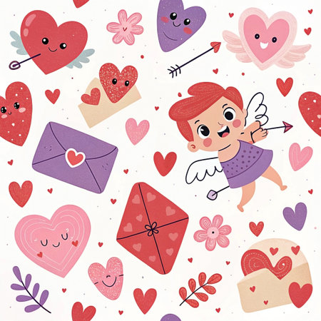 Cupid's Valentine's Day pattern, hearts, mail, flowersの素材