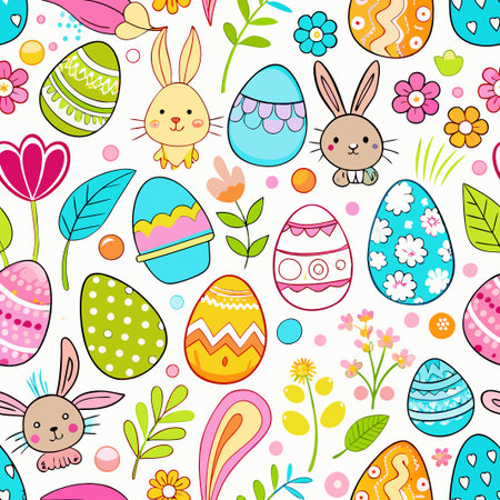 Colorful Easter eggs, bunnies, flowers seamless pattern. (1)の素材