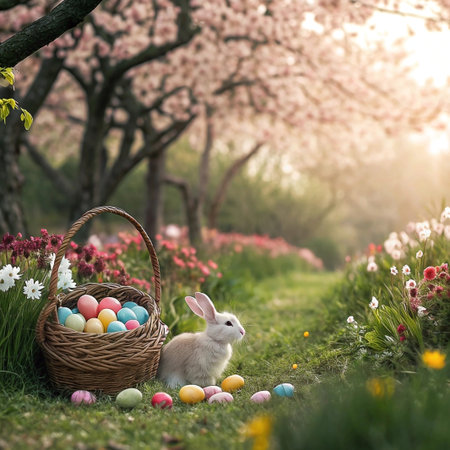 Easter bunny in a garden filled with colorful eggs and blossomsの素材