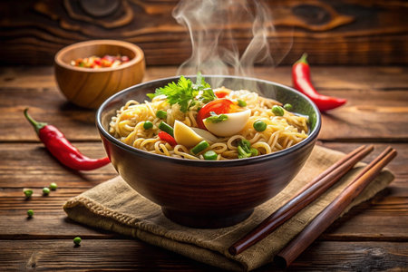 Delicious steaming bowl of noodles with vegetables and eggの素材