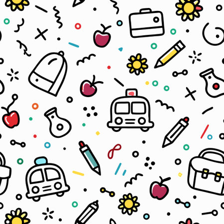 Seamless pattern of school supplies, fruits, and transportation icons on white background.の素材