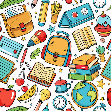 Colorful back-to-school supplies pattern.の素材
