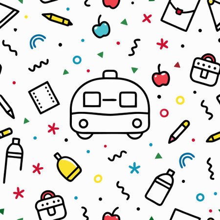 School bus icon surrounded by colorful back to school supplies and elements seamless pattern.の素材
