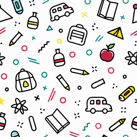 Colorful back to school seamless pattern with school supplies, transportation, and learning icons.の素材