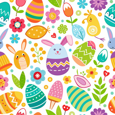 Colorful Easter eggs, bunnies, flowers, and chicks seamless pattern.の素材