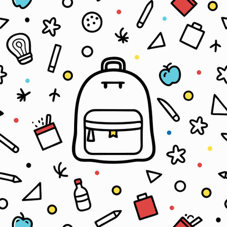White backpack surrounded by school supplies and fun doodles on white background.の素材