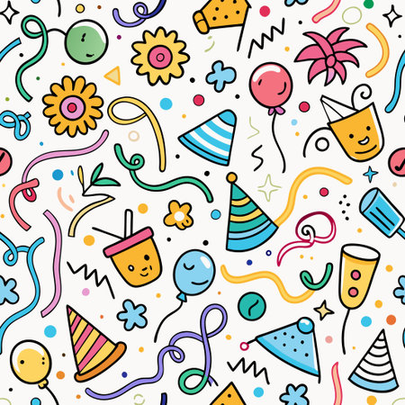 Colorful party seamless pattern with balloons, confetti, and party hats. (1)の素材