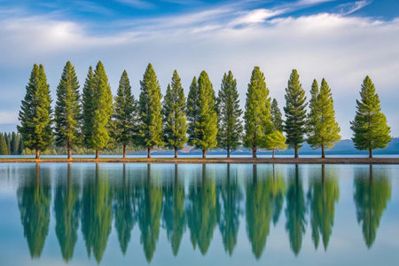 Serene lake trees reflection calm morning landscape natureの素材