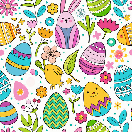 Colorful Easter eggs, bunny, chick, flowers seamless pattern.の素材
