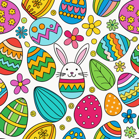 Colorful Easter eggs and bunny seamless pattern.の素材