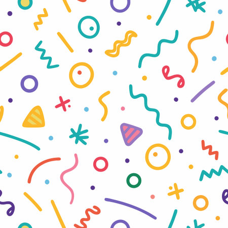 Colorful abstract seamless pattern with hand-drawn shapes and lines on white background.の素材