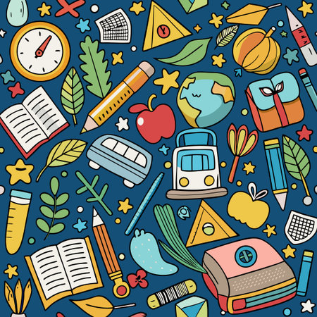 Colorful back to school seamless pattern with books, pencils, apples, bus, globe, and other school supplies on a dark blue background.の素材