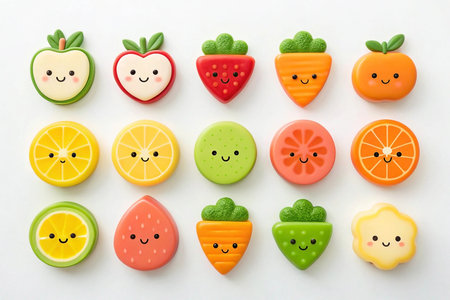 Cute fruit candy flatlay; white background; food blog, packagingの素材