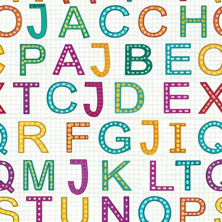 Colorful alphabet letters pattern on grid background.の素材