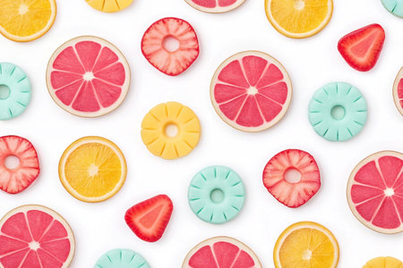 Colorful fruit slices and pastel candies arranged in a repeating pattern on white background.の素材