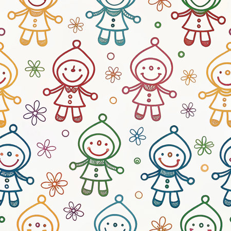 Colorful doodle seamless pattern of happy children in winter hats and coats with flowers.の素材