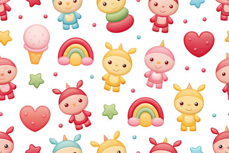 Cute cartoon animal seamless pattern with rainbow, ice cream, and hearts on white background.の素材