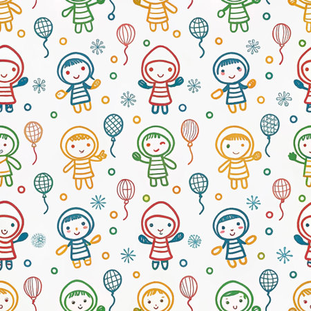 Seamless pattern with cute cartoon children, balloons, and snowflakes.の素材