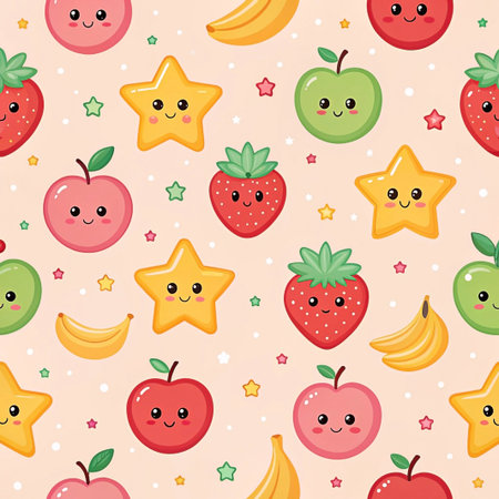 Kawaii fruit and star seamless pattern.の素材