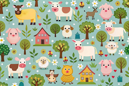 Cute farm animals and houses seamless pattern.の素材