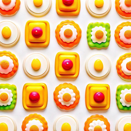 Colorful geometric food pattern; eggs, toast, and garnish arranged in repeating design.の素材