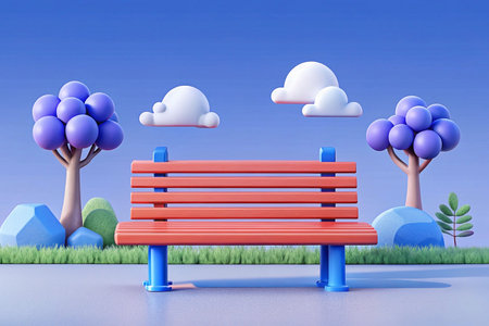 Cartoon park bench scene with trees, clouds, and rocks.の素材