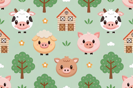 Seamless pattern with cute farm animals, barns, and trees on a pastel green background.の素材