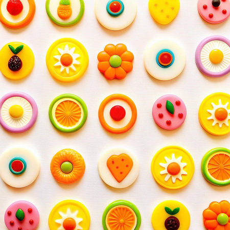 Colorful fruit and flower shaped buttons arranged in grid pattern on white background.の素材
