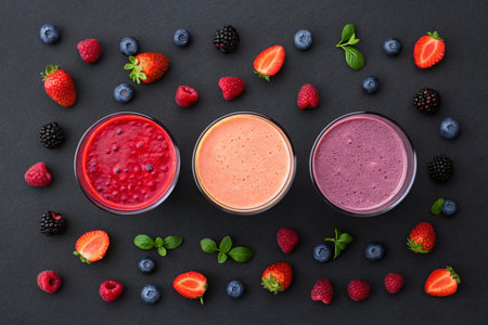 Three berry smoothies with fresh raspberries, strawberries, blueberries, and blackberries arranged around them on a dark background.の素材