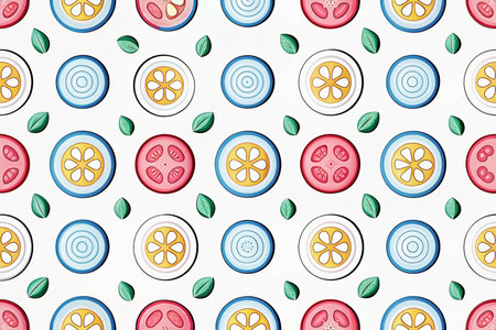 Repeating pattern of citrus and berry slices on plates with leaves.の素材