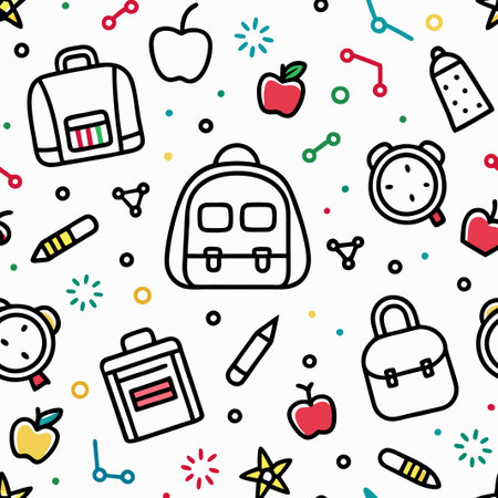 Seamless pattern with back to school supplies, apples, clocks, and pencils on white background.の素材