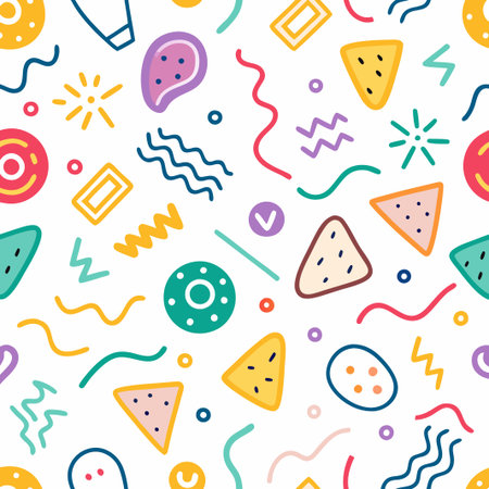Colorful abstract seamless pattern with geometric shapes and food doodles.の素材
