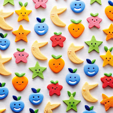 Colorful clay stars, moons, and fruits arranged in a repeating pattern.の素材