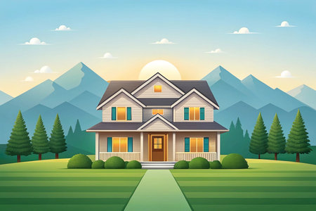 Suburban house nestled in a mountain valley at sunset.の素材