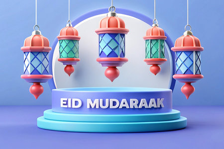 Festive Eid Mubarak 3D render with hanging lanterns on a platform.の素材