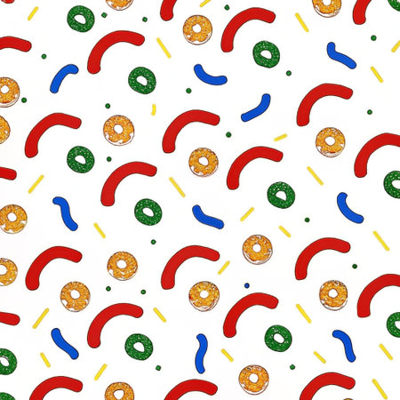 Colorful donuts and abstract shapes seamless pattern.の素材