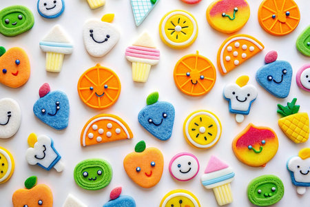 Cute fruit candy flatlay, white background, summer dessert, food blogの素材