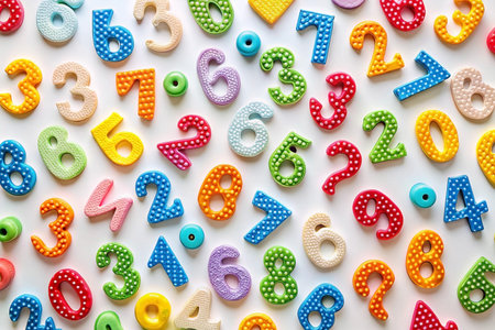 Colorful number beads scattered on white background, educational craftの素材