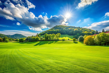 Sunny hillside meadow, vibrant green grass, idyllic landscape, summer day, travel brochureの素材