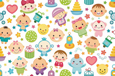 Cute babies seamless pattern, toys, stars, hearts, background, baby showerの素材